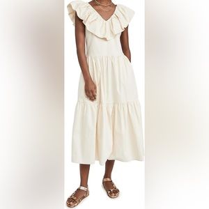 English Factory Women's Ruffled Neck Sleeveless Midi Dress Beige Size Large